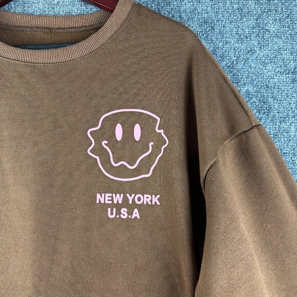 Sweatshirt Womens XLNew York USA Smiley Face Brown Cotton Blend Rib Hem Cuffs - Picture 3 of 9